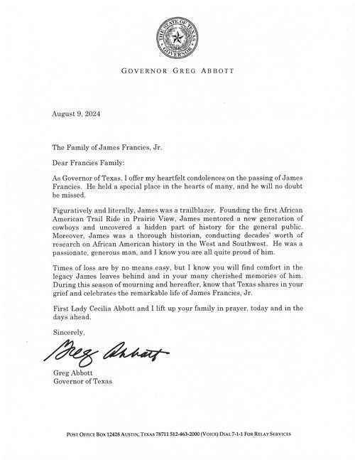 Official letter from Governor Greg Abbott to the Francies family