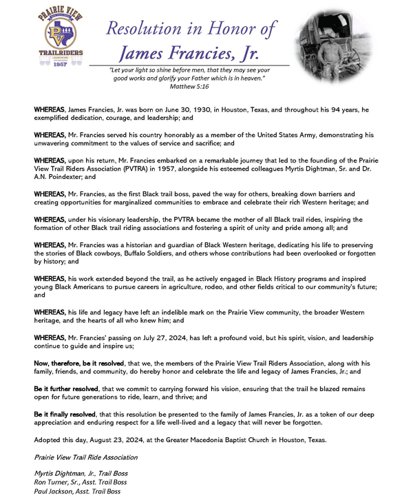 Official resolution honoring James Francies Jr.